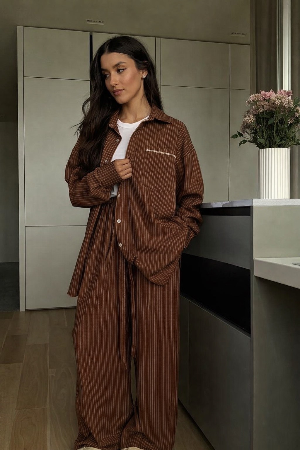 костюм в пижамном стиле,пижамные костюмы,рубашка в полоску оверсайз,женская рубашка,рубашка в полоску