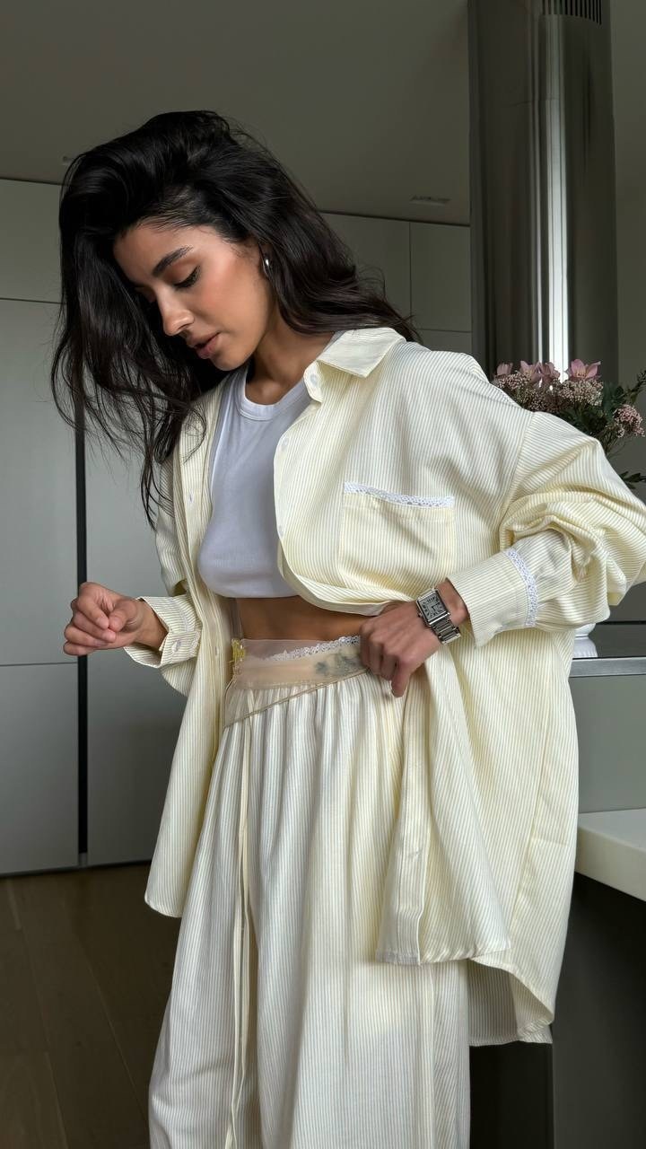 костюм в пижамном стиле,пижамные костюмы,рубашка в полоску оверсайз,женская рубашка,рубашка в полоску