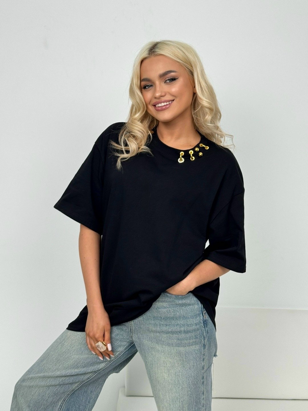 футболка со стразами оверсайз gul fashion,женская футболка,женская футболка оверсайз,футболка женская оверсайз со стразами чёрная,футболке