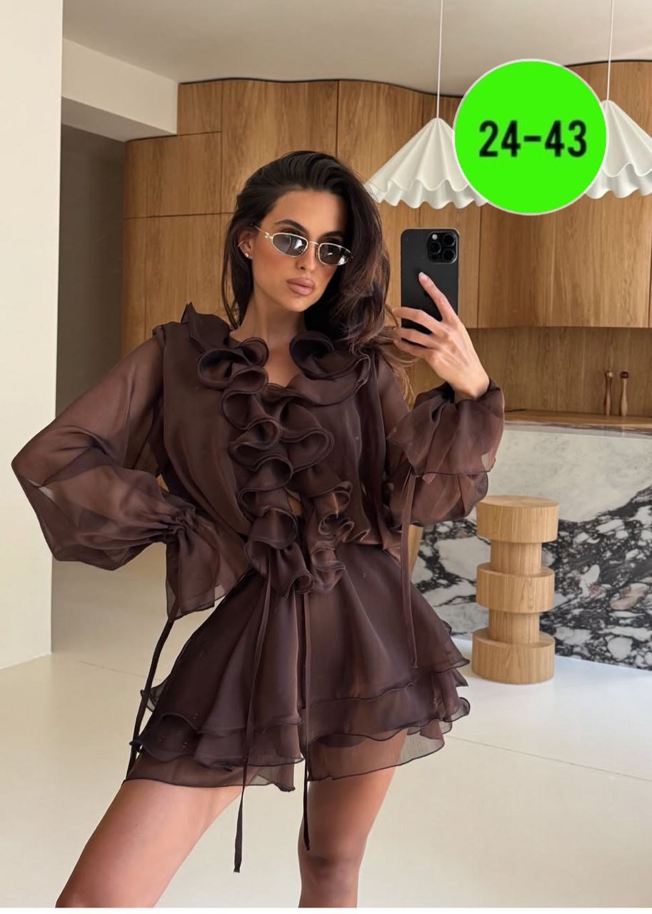 платье с рюшами,платье коричневое,платье,женское платье,шифоновое платье