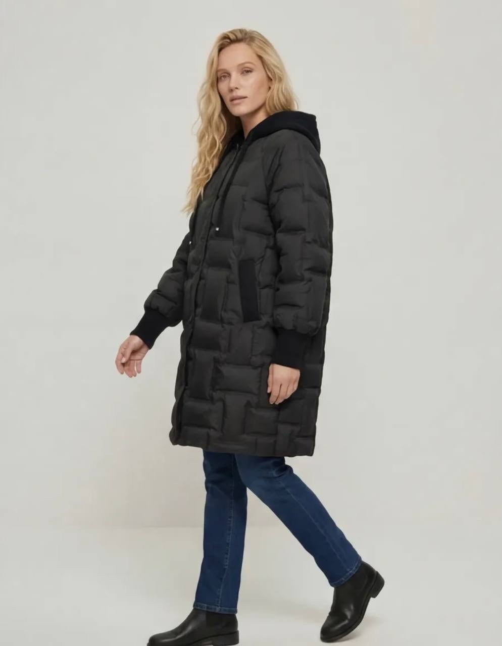 пуховик свободного кроя b.young черный,пуховик женский,пуховик стеганый удлиненный с капюшоном befree цвет черный,пальто пуховик,пуховик