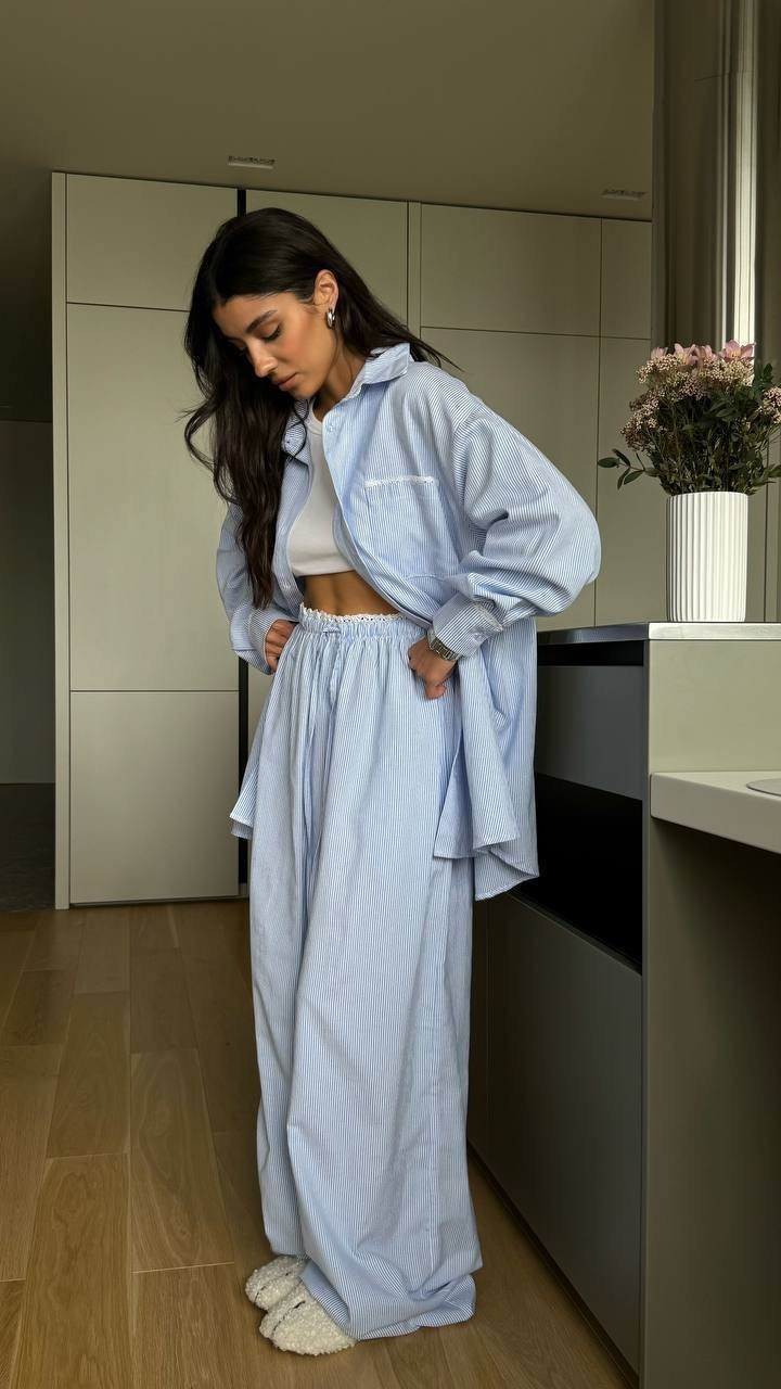 костюм в пижамном стиле,пижамные костюмы,рубашка в полоску оверсайз,женская рубашка,рубашка в полоску