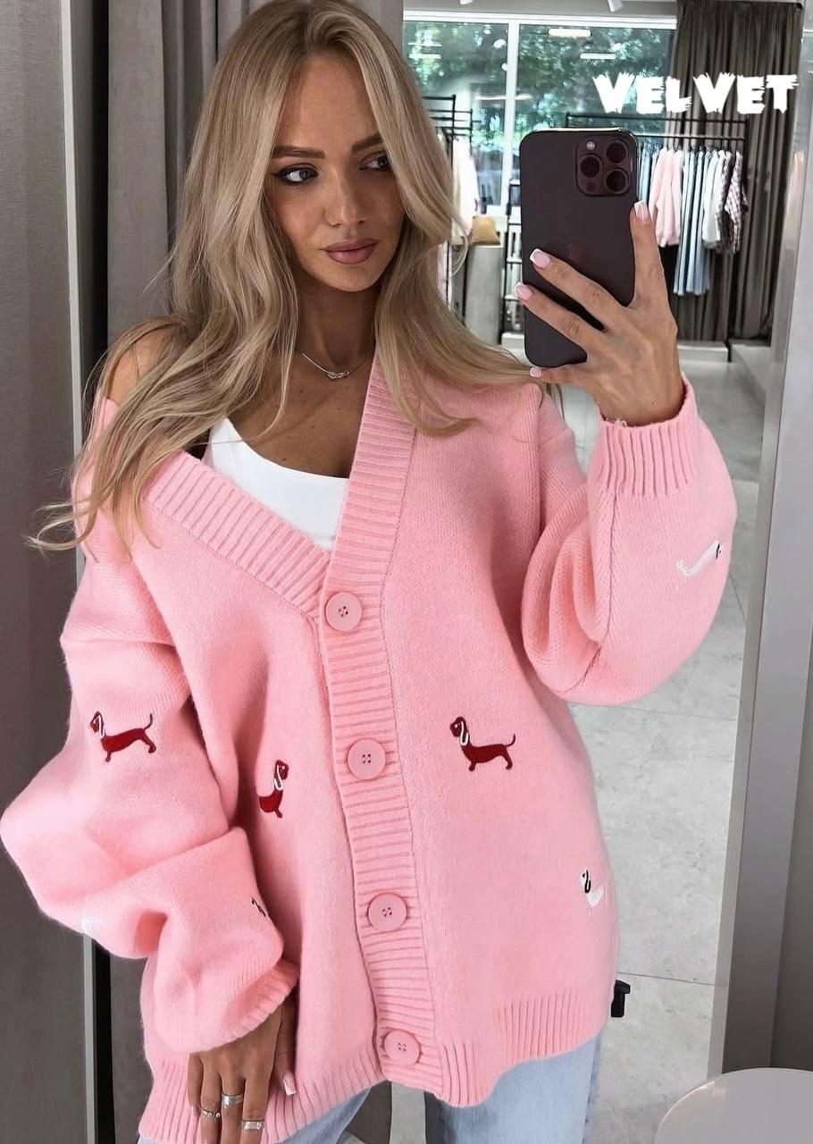 кардиган оверсайз с трендовой вышивкой,женский кардиган,кардиган розовый,кардиган,кофта кардиган