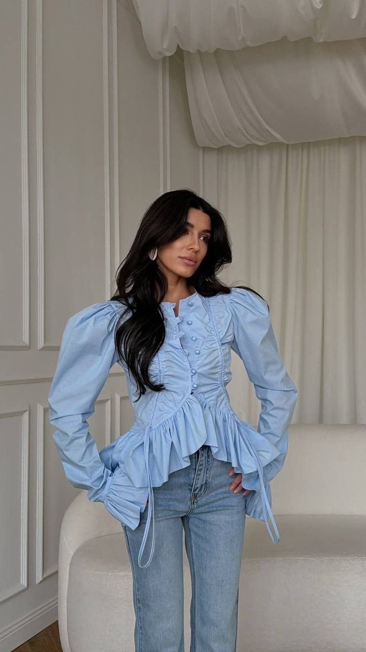 блузка с оборками,рубашка блузка,женская блузка,голубая блузка,блуза голубая