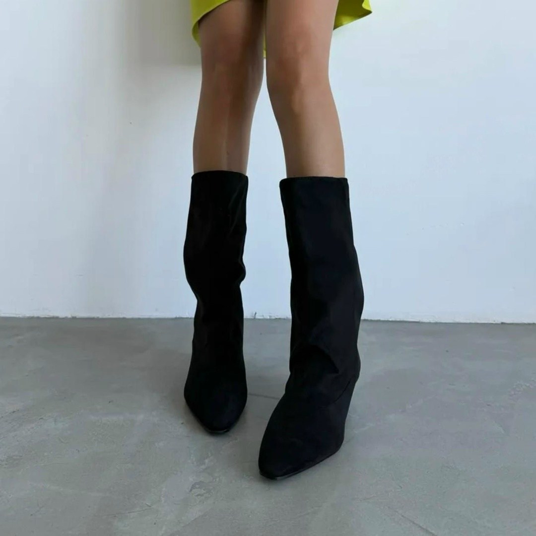 lmn ayakkabı siyah süet 6cm.aynalı topuk sivri büzgülü kadın çizme,сапоги,сапоги повседневные,сапоги женские замшевые на высоком каблуке с острым носком,сапожки