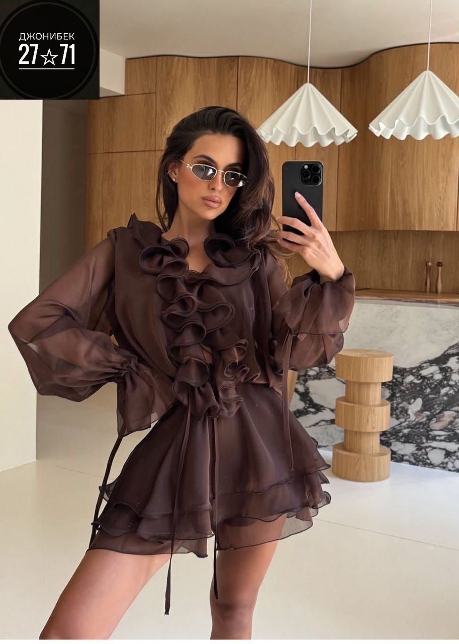 платье,платье с рюшами,платье коричневое,платье с воланами,шифоновое платье