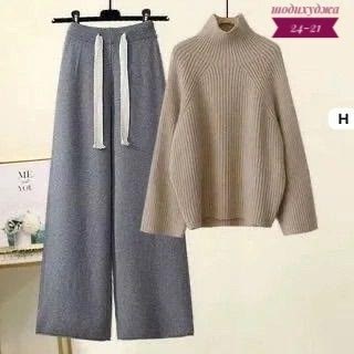 женский комплект из большого свитера с высоким воротником и широких брюк,женский костюм лапша,lbtfa женский костюм ткань лапша кашемир зимняя,брюки с широкими штанинами,свитер и брюки