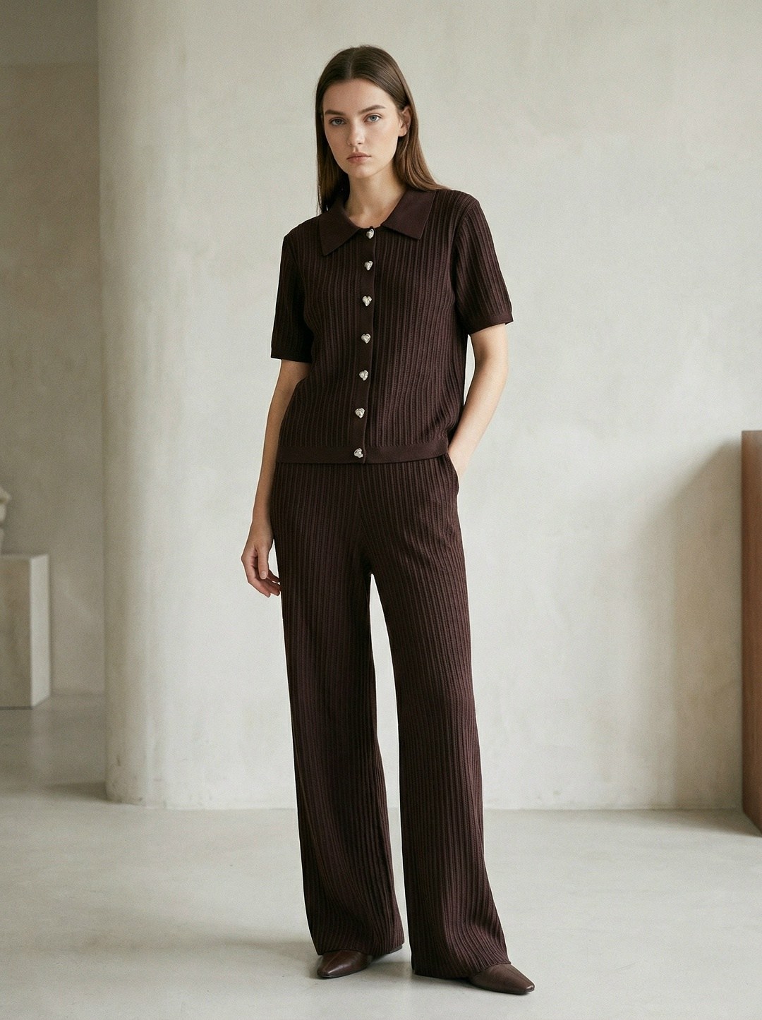 брюки, имитирующие вязание крючком h & m коричневый,трикотажные брюки,вязаные брюки,прямые брюки,брюки широкие трикотажные