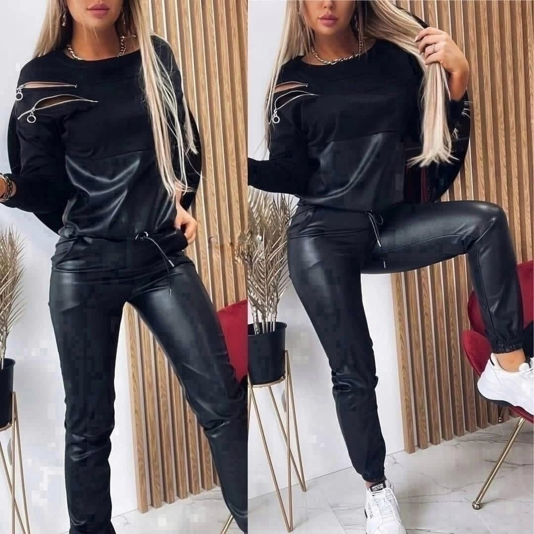 спортивный костюм из экокожи,костюм из экокожи женский,костюм из экокожи,брючный костюм из экокожи,костюм брючный двойка со вставками из экокожи