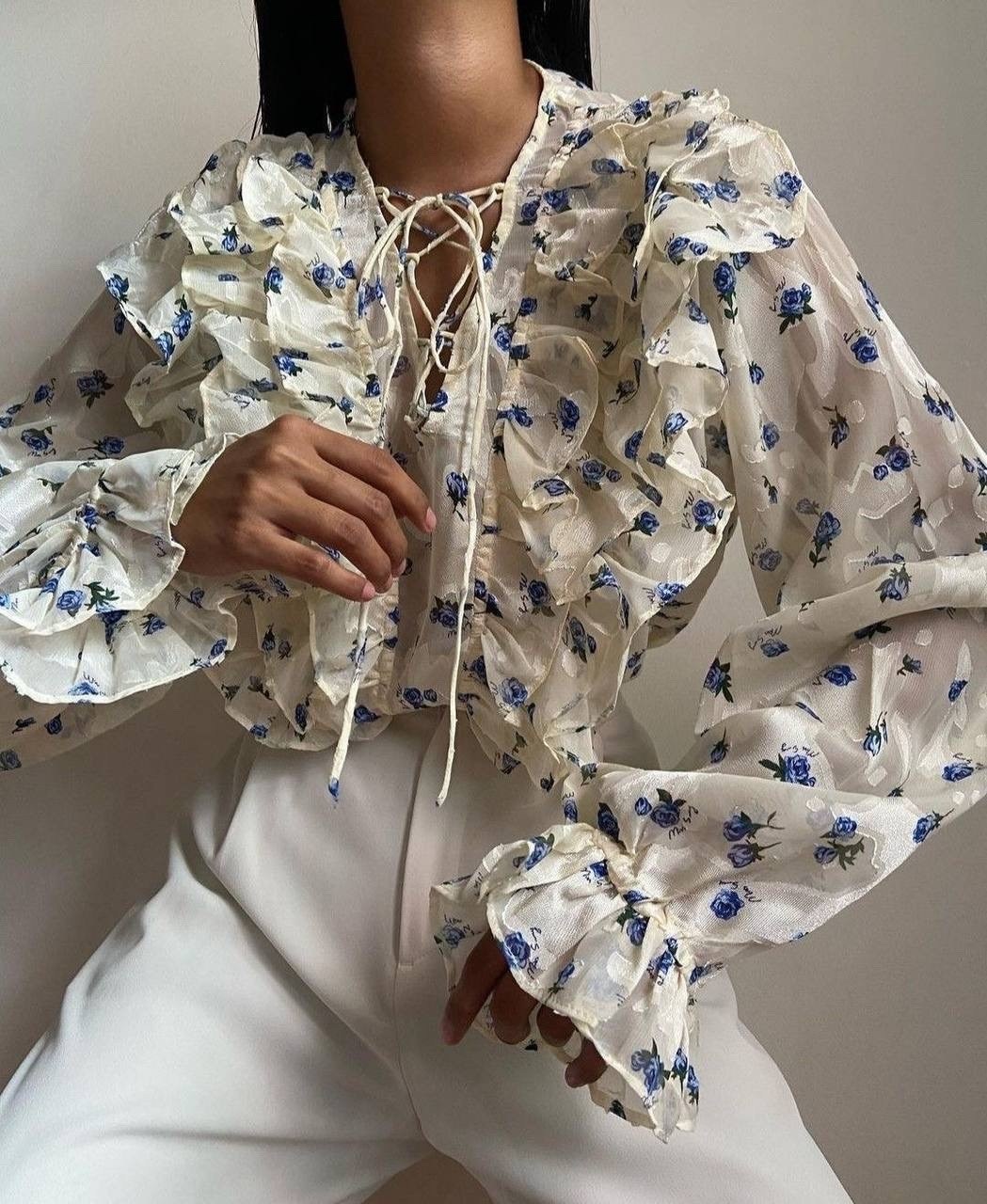 блуза с объемными рукавами,блуза,элегантная блузка,блузка с принтом,блузка с оборками