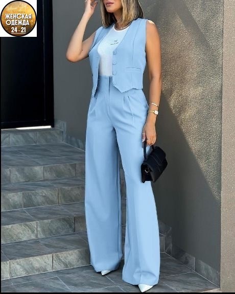 модный блейзер, жилет, широкие брюки, женский летний офисный костюм,костюм с жилетом брючный классический ne.skromno,женский брючный костюм из двух предметов,женский комплект из жилета и широких брюк,