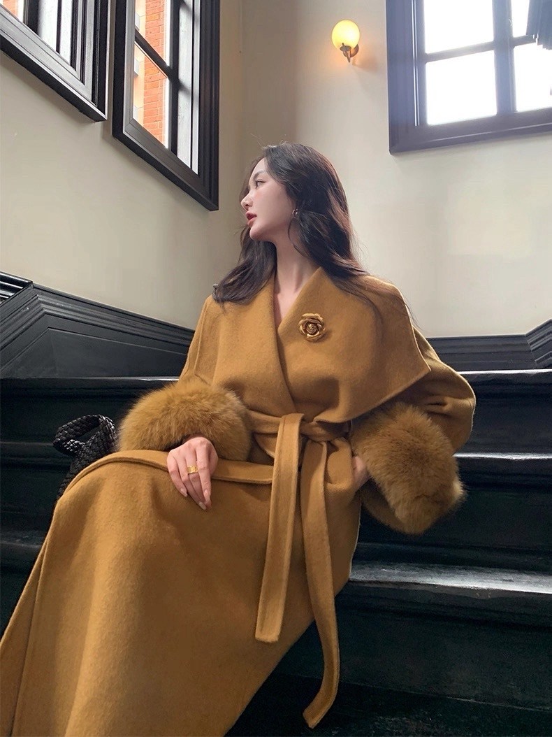 кашемировое пальто женское,длинное пальто из двустороннего кашемира и шерсти,двустороннее кашемировое пальто для женщин,женское шерстяное пальто,пальто с воротником