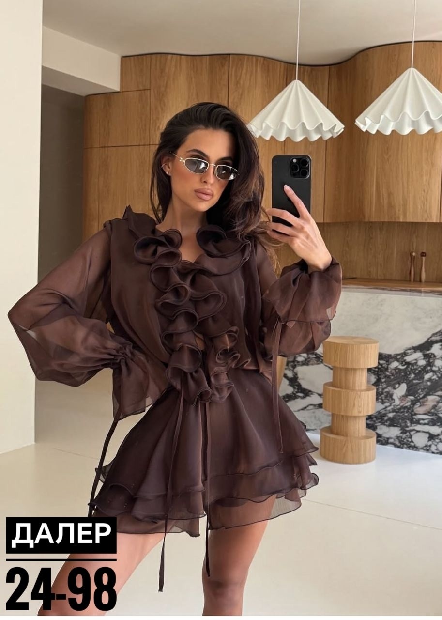 шифоновое платье с оборками,платье с рюшами,платье женское коричневое,коричневое платье,женское платье