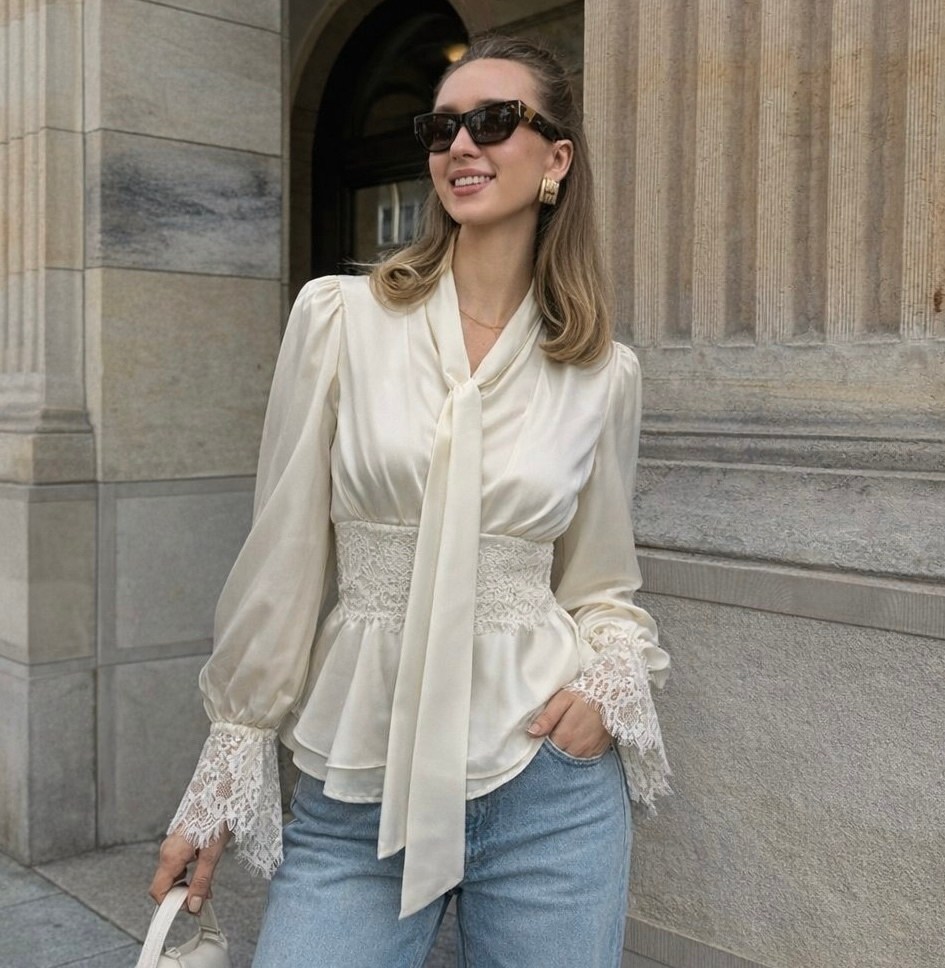 блузка нарядная с бантом атласная annen 162410015,нарядная блузка,блузка с бантов,блузка с кружевами,блузка черная с бантом и объемными рукавами la'dushka wear 190017282