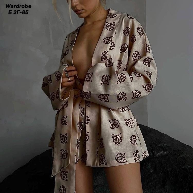 костюм кимоно с шортами женский,костюм в пижамном стиле шорты с разрезами и рубашка кимоно пижама женская двойка,шелковая пижама кимоно с шортами и халатом,костюм двойка с шортами и кимоно женский,жен