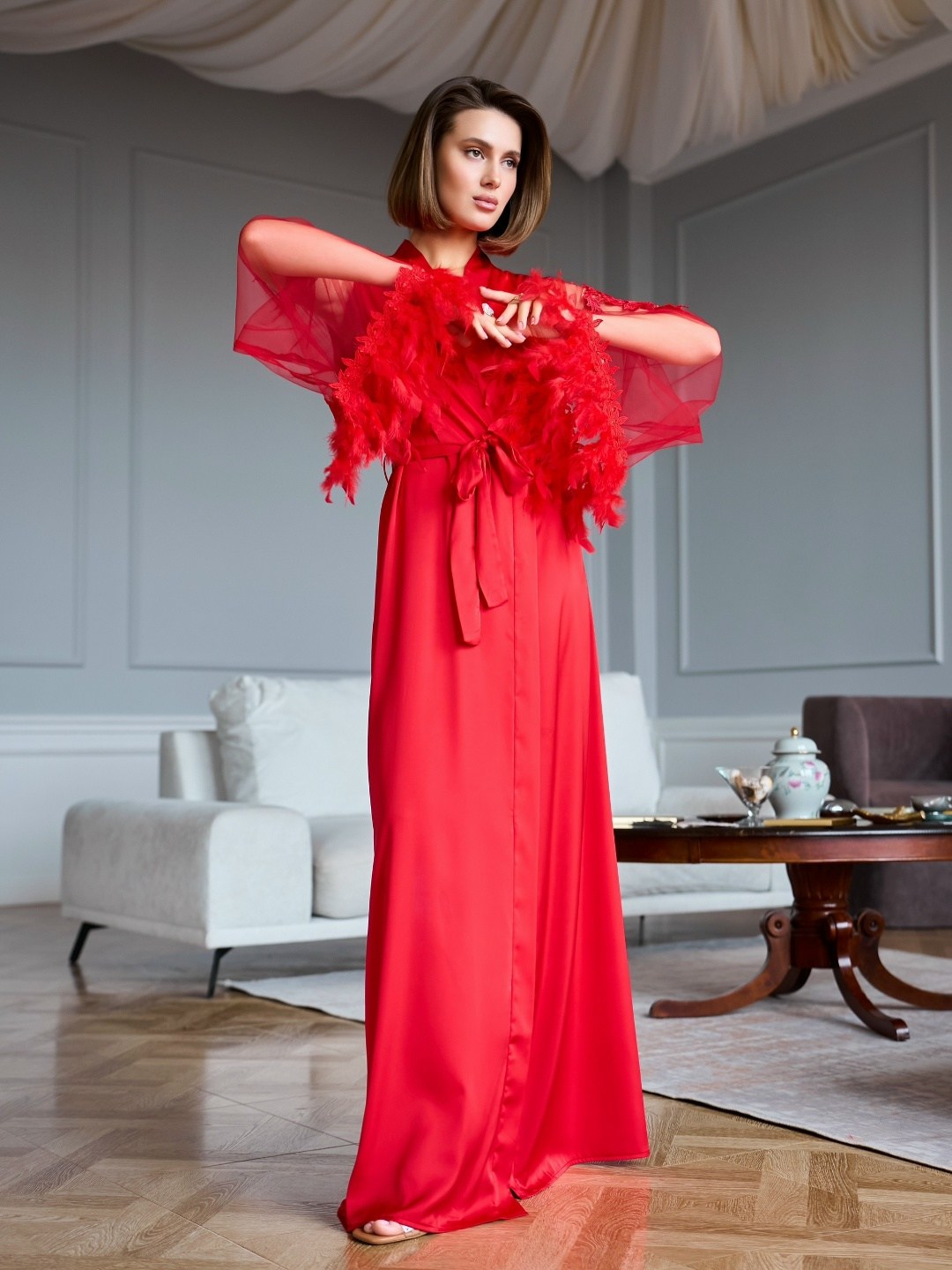 длинный атласный халат пеньюар mia-amore ester 7299 красный,соблазнительный шелковый пеньюар aurelia,женский шелковый халат,красный пеньюар,атласный халат