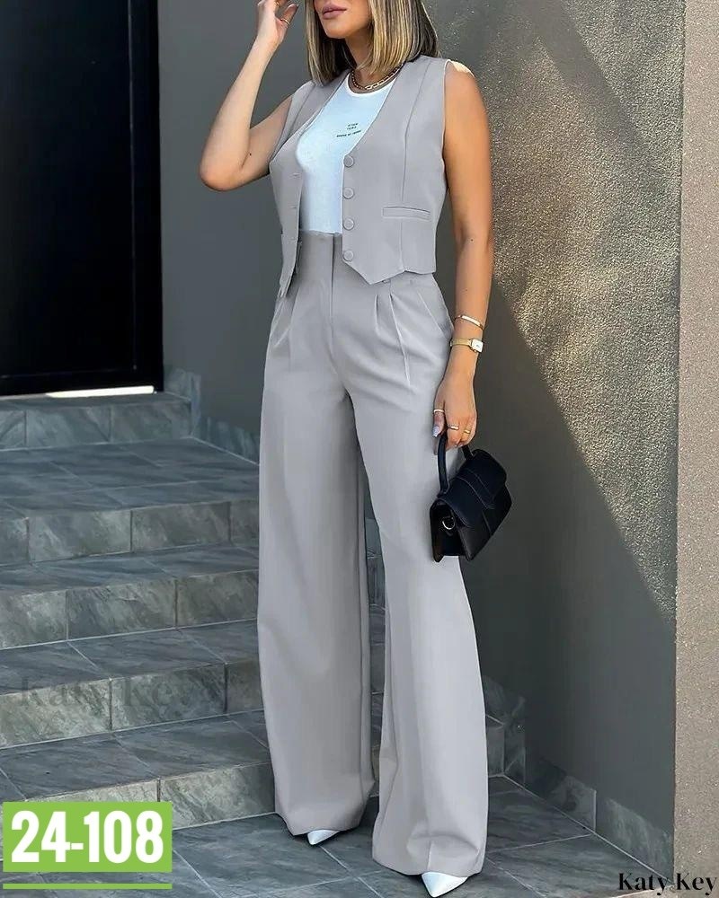 женский костюм с мешковатыми брюками и жилетом без рукавов,женский жилет и брюки,женский жилет и брюки комплект формальный деловой стиль,женский комплект из жилета и брюк,брючный костюм
