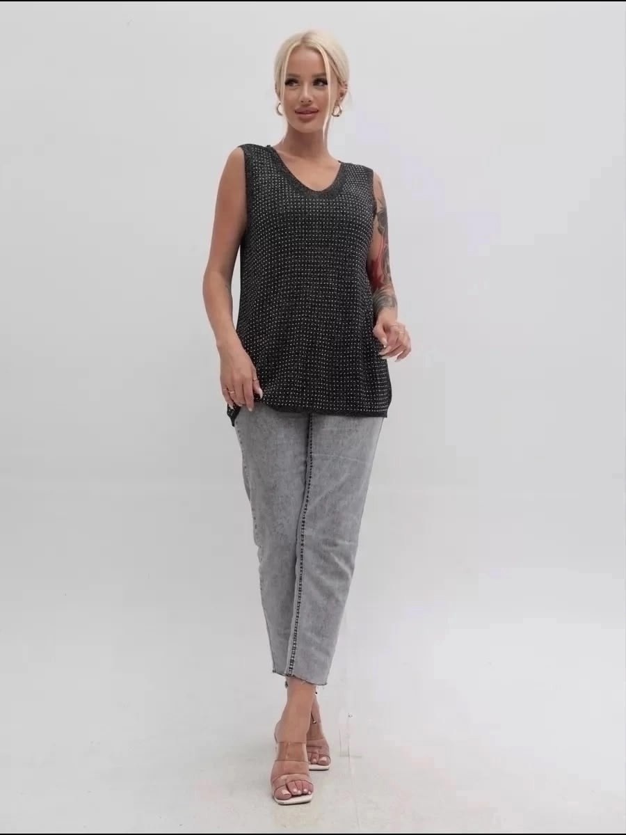 топ блестящий майка со стразами,топ блестящий майка со стразами цвет черный,топ блестящий майка со стразами vv-fashion цвет черный,майка хлопок,майка женская