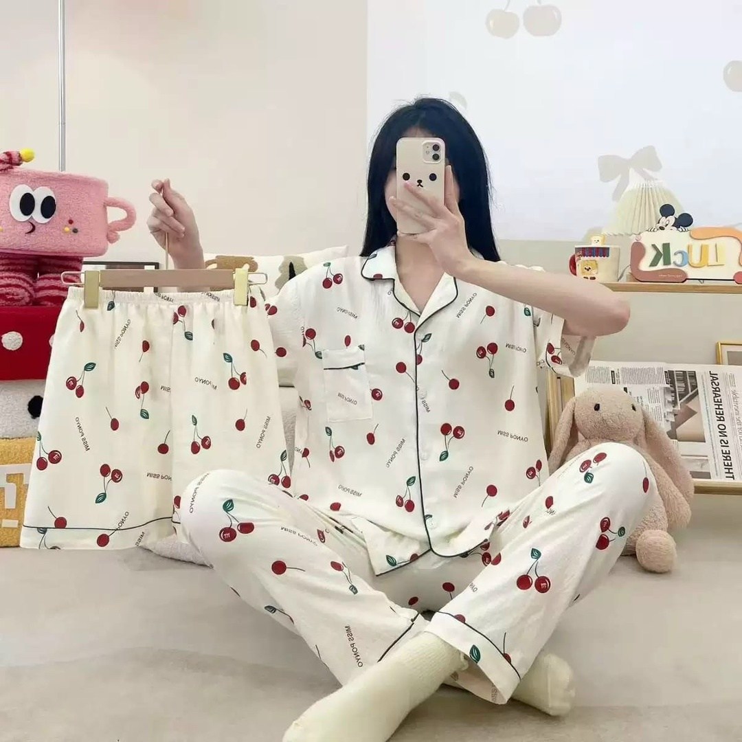 пижама муслиновая 3 в 1 с рубашкой шортами и штанами elmira_home,женские пижамы,комплект пижама,пижамные костюмы,домашняя одежда пижама