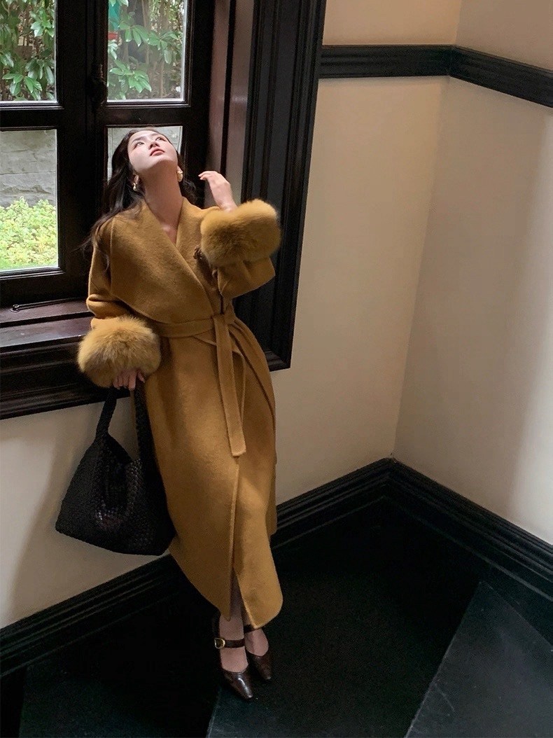 кашемировое пальто женское,длинное пальто из двустороннего кашемира и шерсти,двустороннее кашемировое пальто для женщин,женское шерстяное пальто,пальто с воротником