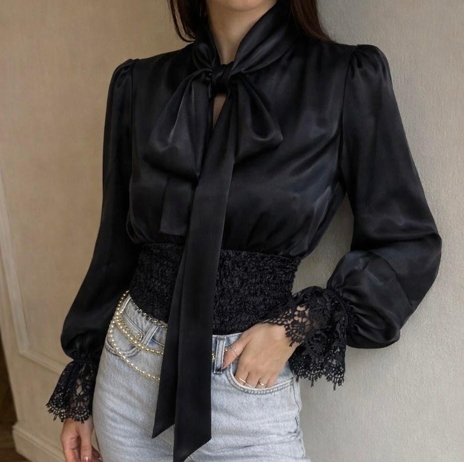 блузка нарядная с бантом атласная annen 162410015,нарядная блузка,блузка с бантов,блузка с кружевами,блузка черная с бантом и объемными рукавами la'dushka wear 190017282