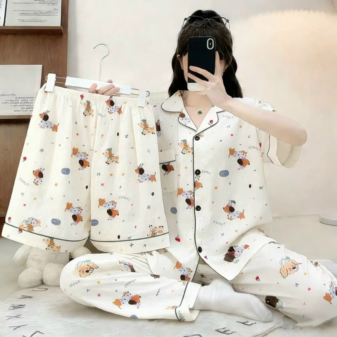 пижама муслиновая 3 в 1 с рубашкой шортами и штанами elmira_home,женские пижамы,комплект пижама,пижамные костюмы,домашняя одежда пижама
