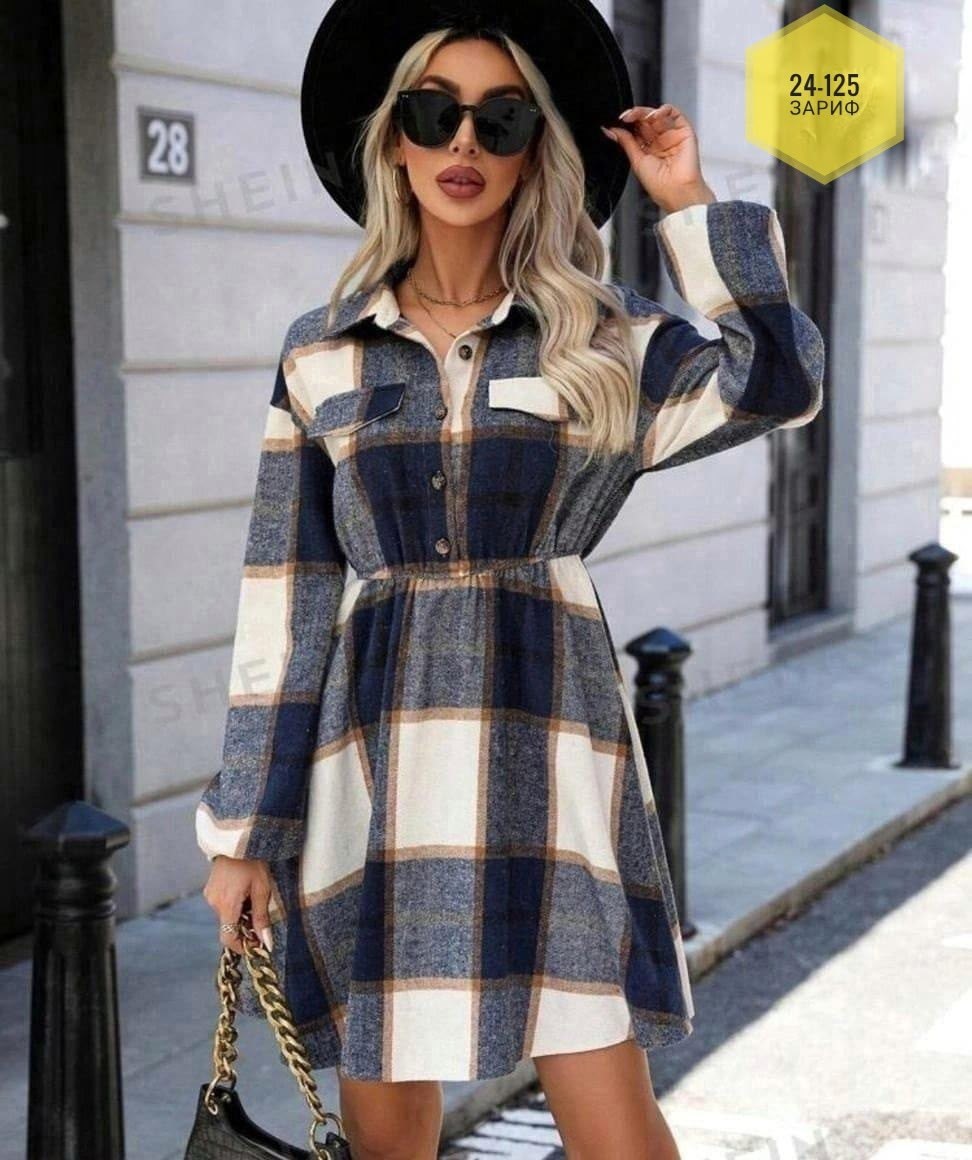 платье рубашка в клетку,shein lune платье-рубашка в клетку однобортный с поясом,рубашка женская удлиненная в клетку,платье в клетку,платье-рубашка в клетку арт. 11658745