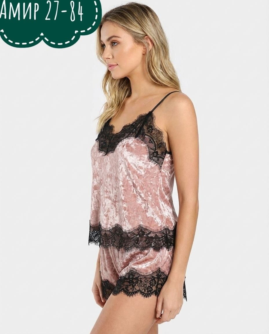 одежда для сна женская,пижама женская кружевная,пижама с шортами велюровая кружевной комплект,пижама с шортами и топом велюровая кружевная,пижама бархатная с шортами