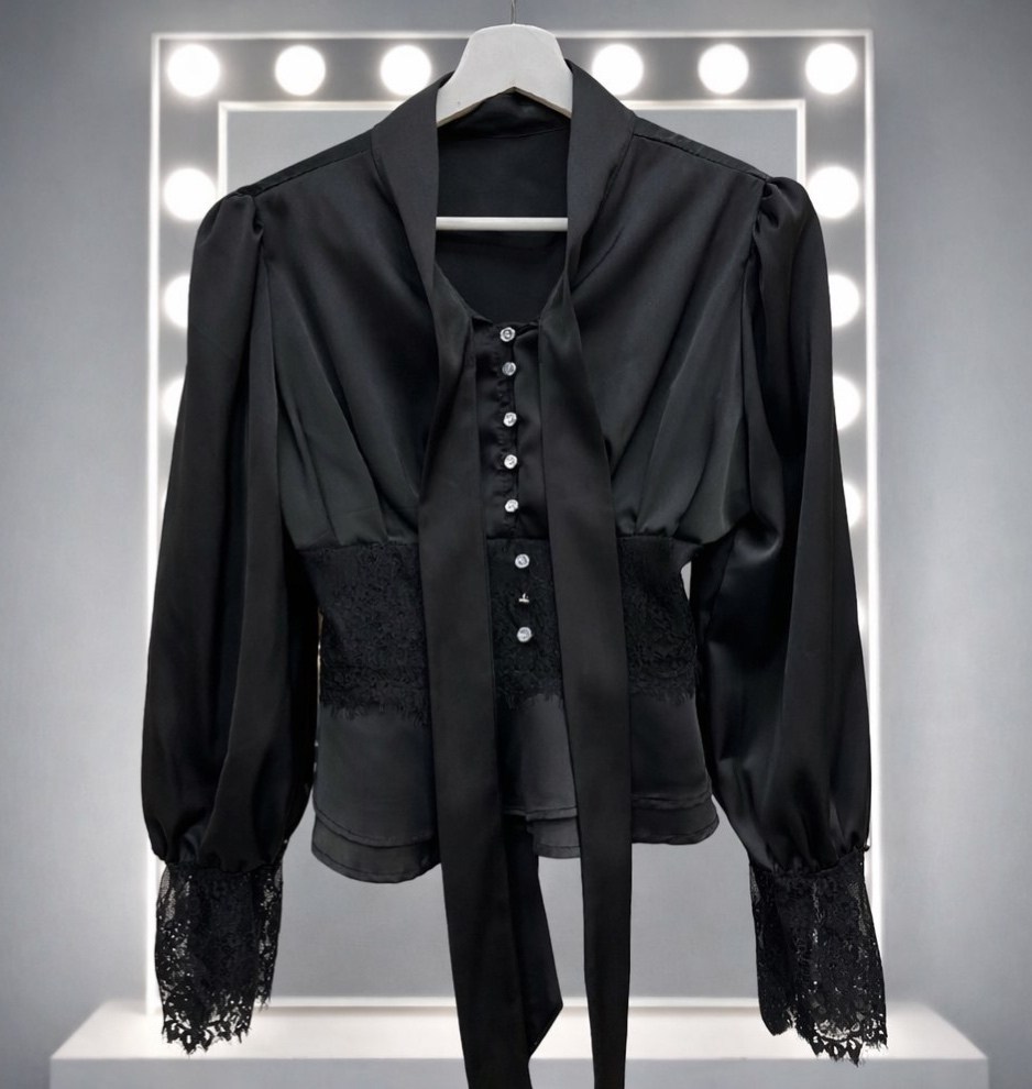 блузка нарядная с бантом атласная annen 162410015,нарядная блузка,блузка с бантов,блузка с кружевами,блузка черная с бантом и объемными рукавами la'dushka wear 190017282