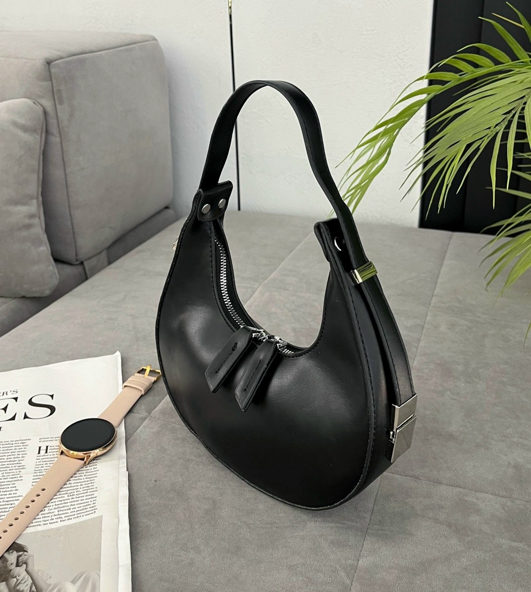женская кожаная сумка 80002 black,сумка,сумка женская,сумка полумесяц женская,кожаная женская сумка