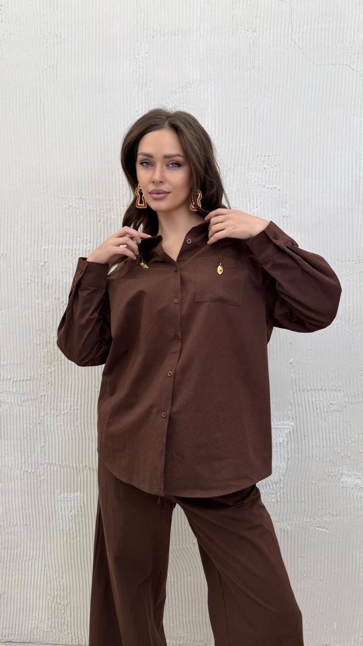 костюм рубашка с брюками,костюм buter 3039 коричневый,костюм с брюками,шоколадный костюм,костюм льняной