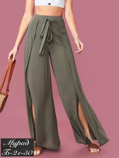 женские летние брюки с разрезами,женские широкие брюки,брюки с широкими штанинами с присборенной талией с высоким разрезом,брюки с широкими штанинами с присборенной талией с узлом с высоким разрезом,б
