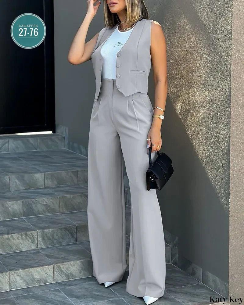 брючный костюм с жилетом,брючный костюм,женский брючный костюм из двух предметов,модный блейзер, жилет, широкие брюки, женский летний офисный костюм,брючный костюм с жилеткой