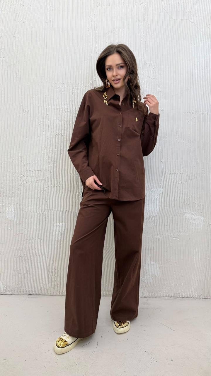 костюм рубашка с брюками,костюм buter 3039 коричневый,костюм с брюками,шоколадный костюм,костюм льняной