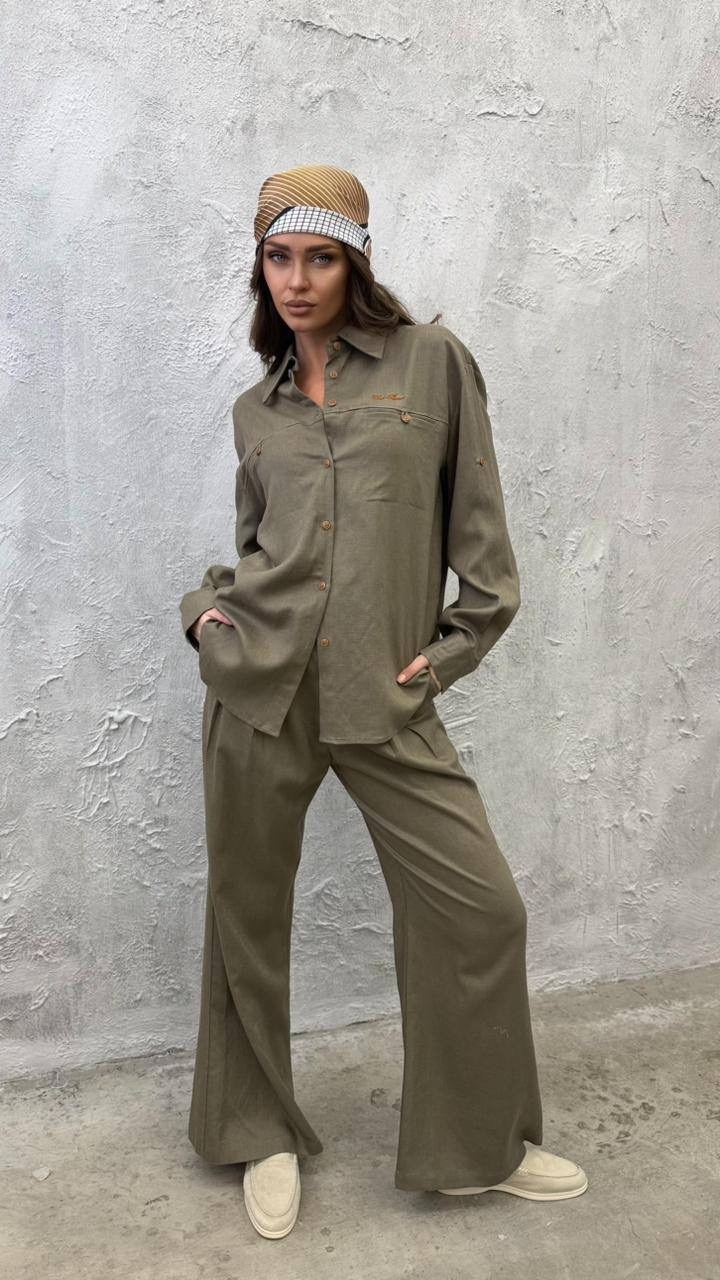 повседневный костюм,льняная рубашка,льняная рубашка оверсайз,льняной костюм,костюм с брюками
