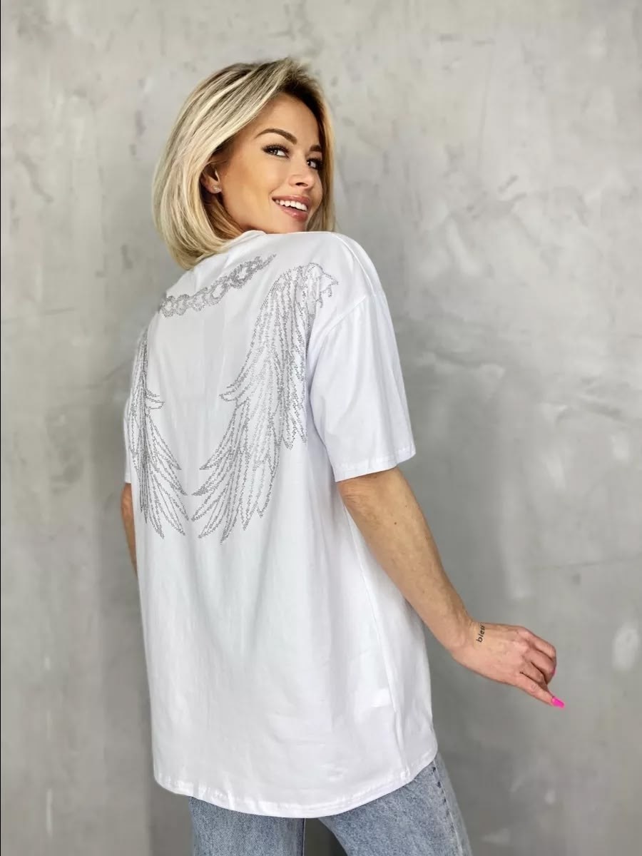 футболка оверсайз со стразам,женская футболка оверсайз со стразами,футболка базовая со стразами оверсайз,футболки женская,футболка оверсайз со стразами fashion lux