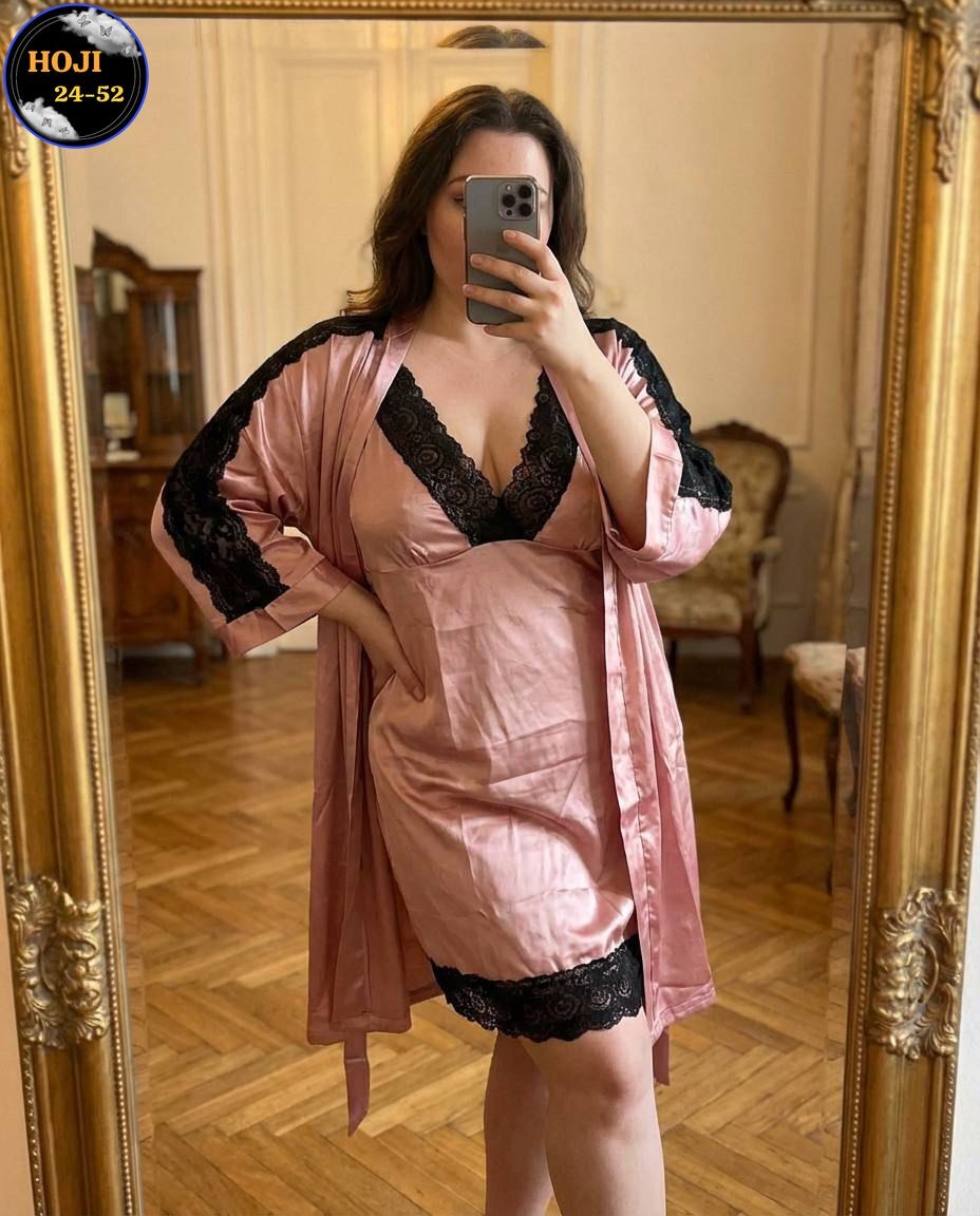 комплект ночная сорочка с халатом,комплект с пеньюаром,сорочка с халатом комплект,атласный халат,халат женский