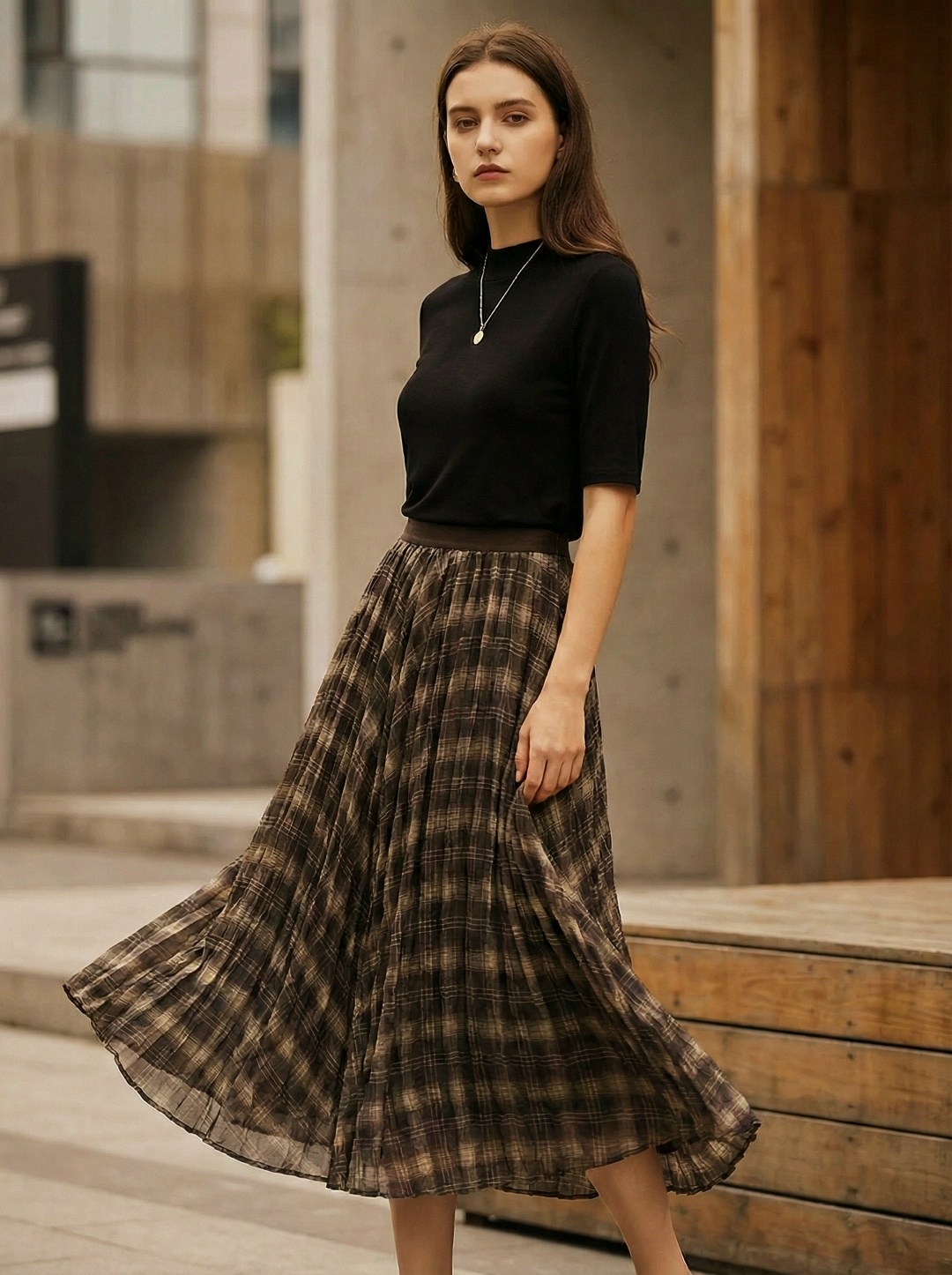 женская плиссированная юбка с высокой талией в клетку,клетчатая юбка,юбка плиссированная в клетку,длинная юбка,юбка средней длины