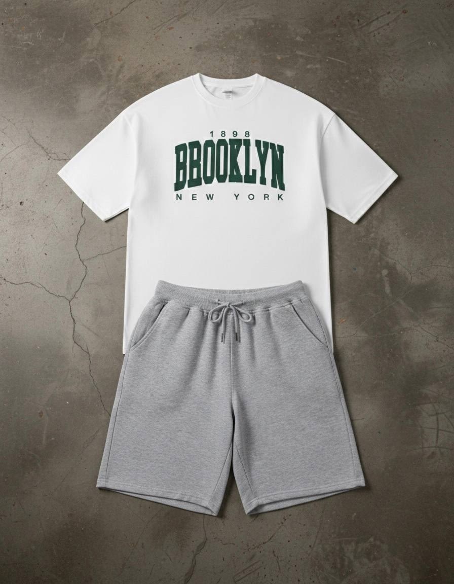 brooklyn new york белая футболка серые шорты,футболка и шорты,комплект одежды,дизайн футболки,мужские комплекты