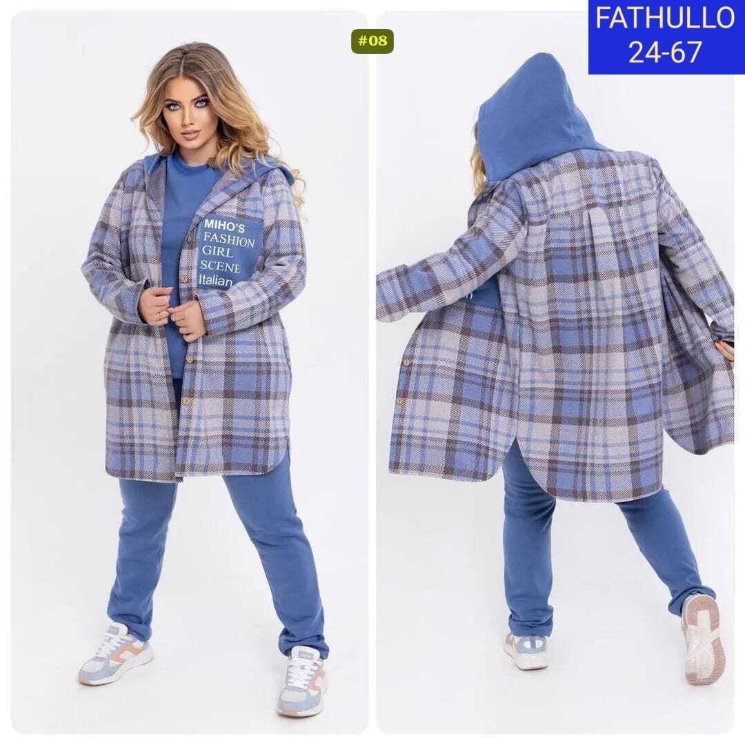 костюм женский на флисе,худи оверсайз теплая в клетку удлиненная roza fashion,кардиган женский в клетку,стильное пальто,синий теплый женский костюм-тройка с кардиганом в клетку