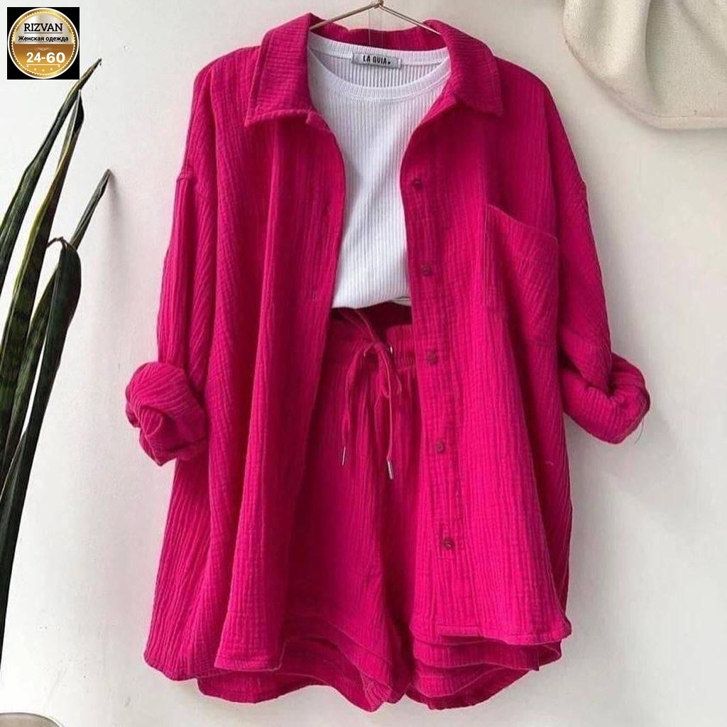 муслиновый костюм женский с шортами,комплект одежды женские,костюм женский летний с шортами и рубашкой,комплект одежды,муслиновый костюм с шортами