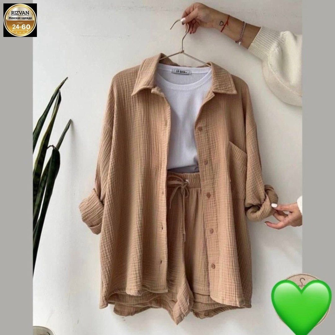 муслиновый костюм женский с шортами,комплект одежды женские,костюм женский летний с шортами и рубашкой,комплект одежды,муслиновый костюм с шортами