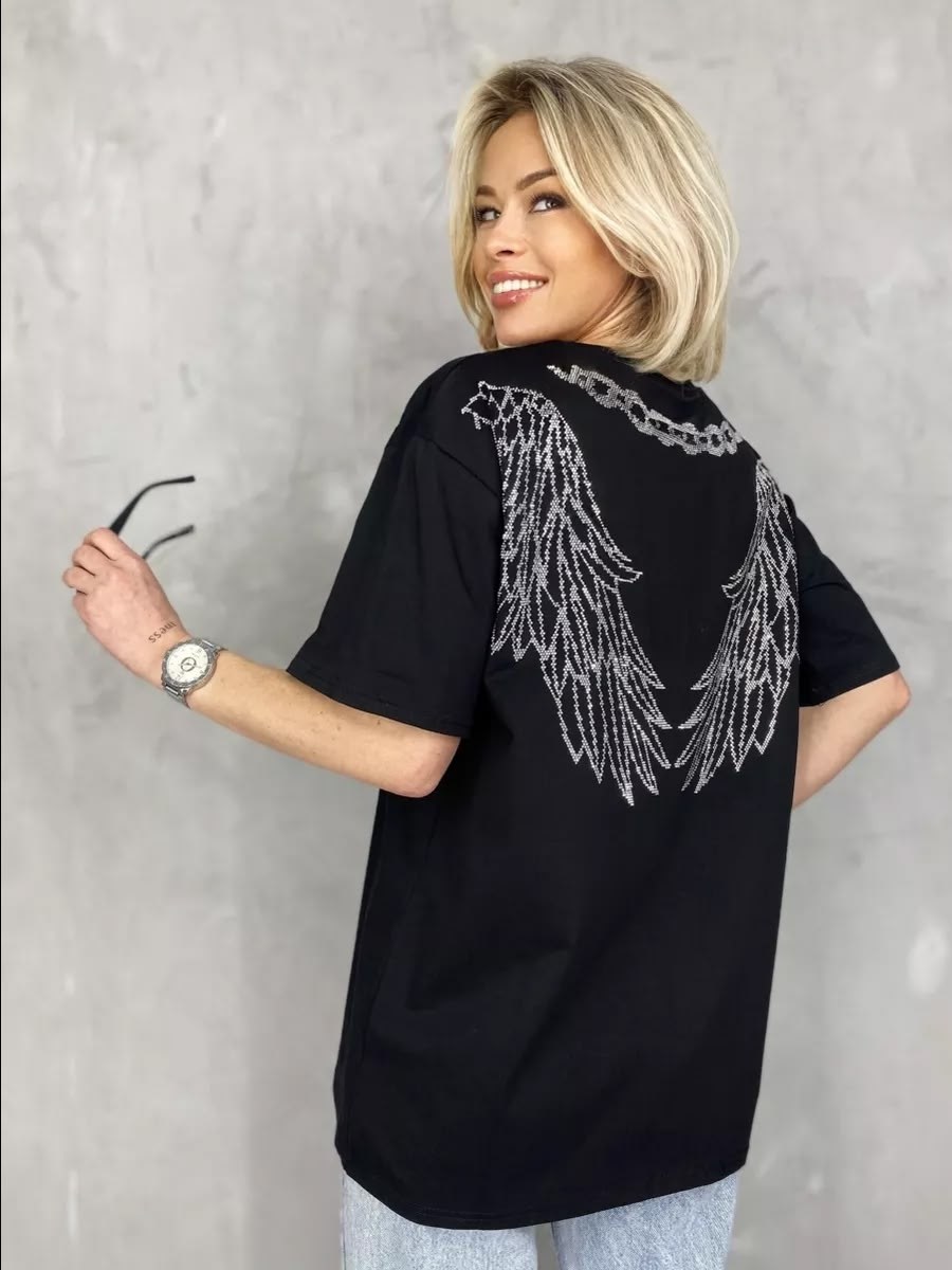 футболка оверсайз со стразам,женская футболка оверсайз со стразами,футболка базовая со стразами оверсайз,футболки женская,футболка оверсайз со стразами fashion lux