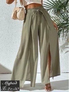 женские летние брюки с разрезами,женские широкие брюки,брюки с широкими штанинами с присборенной талией с высоким разрезом,брюки с широкими штанинами с присборенной талией с узлом с высоким разрезом,б