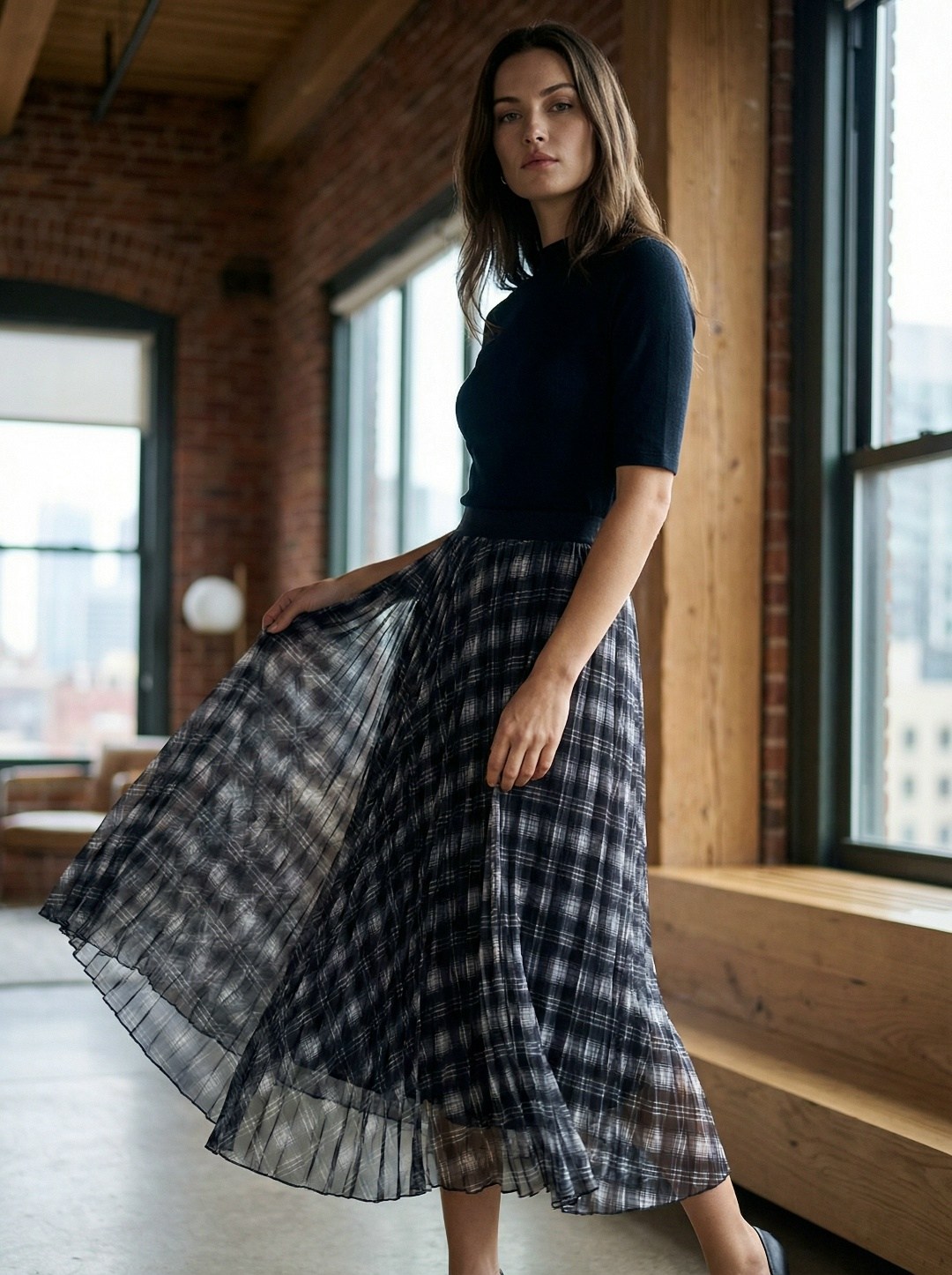 женская плиссированная юбка с высокой талией в клетку,клетчатая юбка,юбка плиссированная в клетку,длинная юбка,юбка средней длины