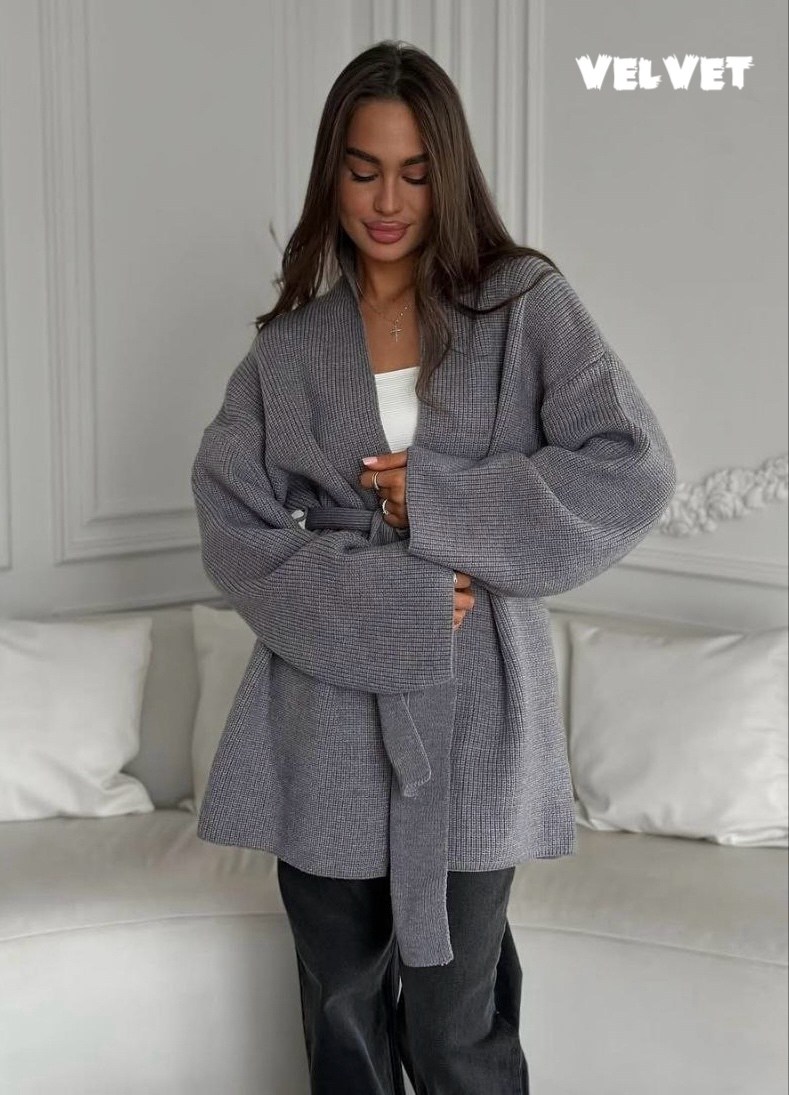 кардиган крупной вязки с поясом (серый) miederes,кардиган крупной вязки с поясом miederes цвет серый,вязаные кардиганы,кардиган,кардиган крупной вязки с поясом miederes