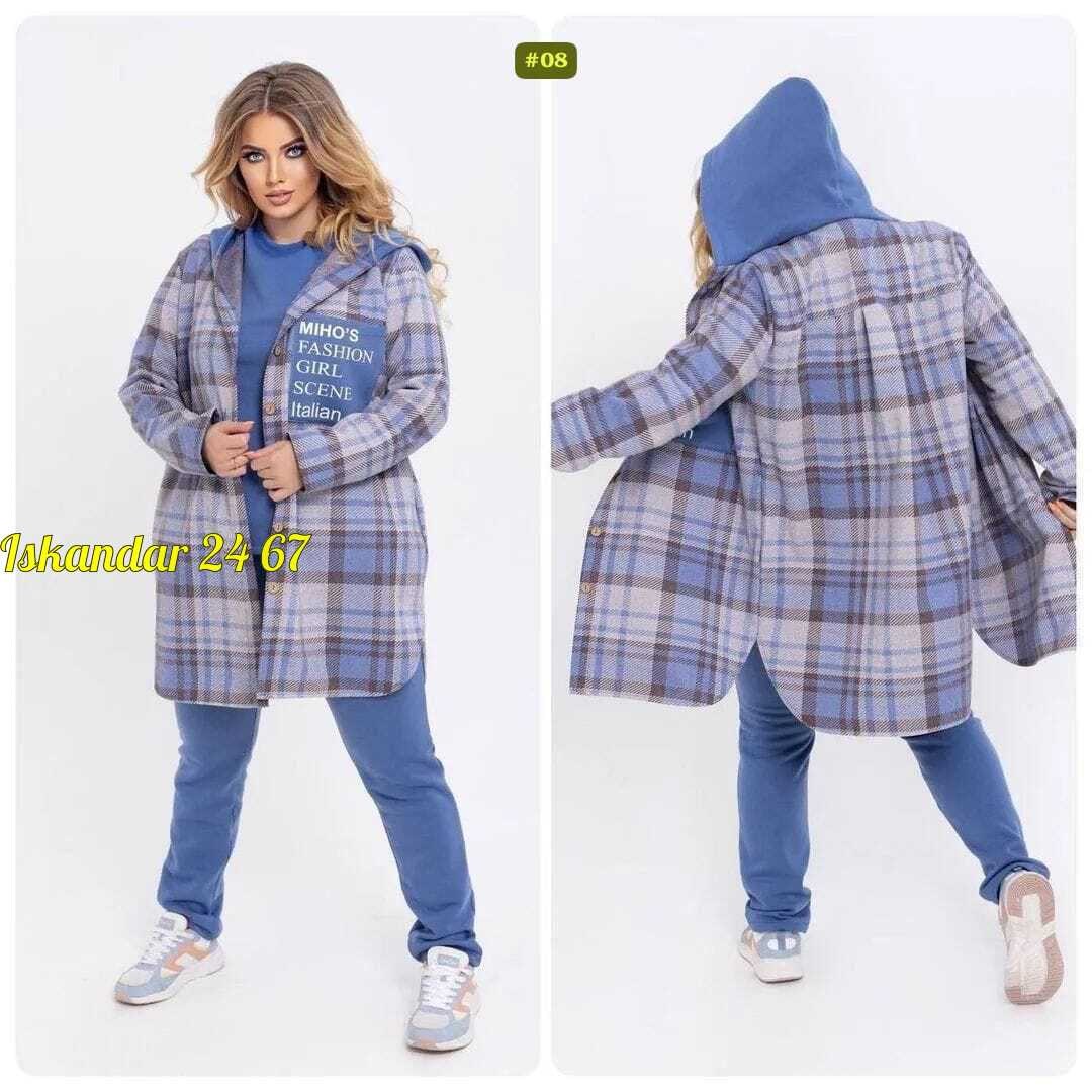 костюм женский на флисе,кардиган женский в клетку,стильное пальто,синий теплый женский костюм-тройка с кардиганом в клетку,костюм женский тройка