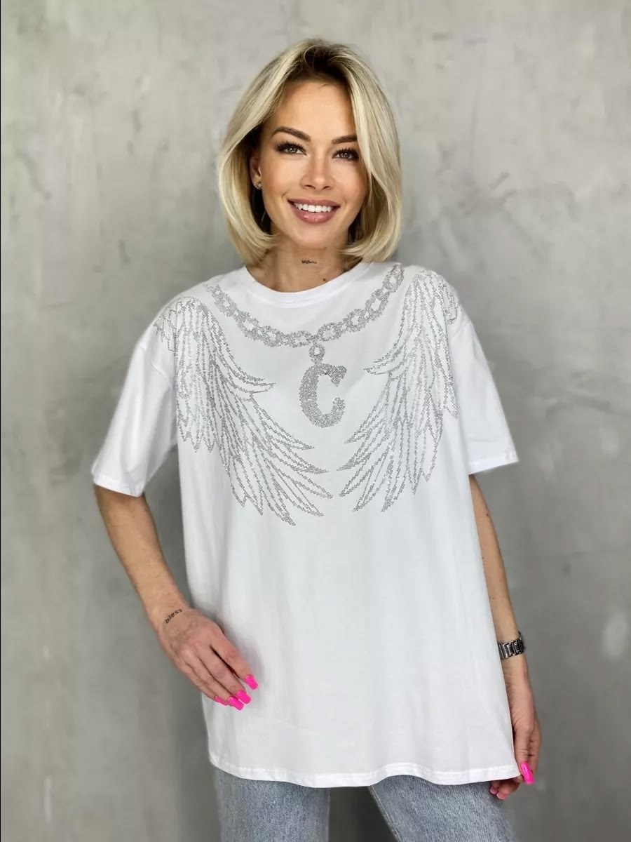 футболка оверсайз со стразам,женская футболка оверсайз со стразами,футболка базовая со стразами оверсайз,футболки женская,футболка оверсайз со стразами fashion lux