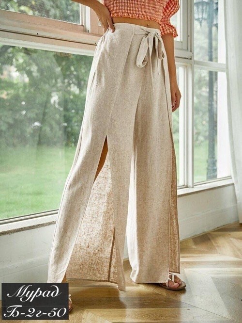 женские летние брюки с разрезами,женские широкие брюки,брюки с широкими штанинами с присборенной талией с высоким разрезом,брюки с широкими штанинами с присборенной талией с узлом с высоким разрезом,б