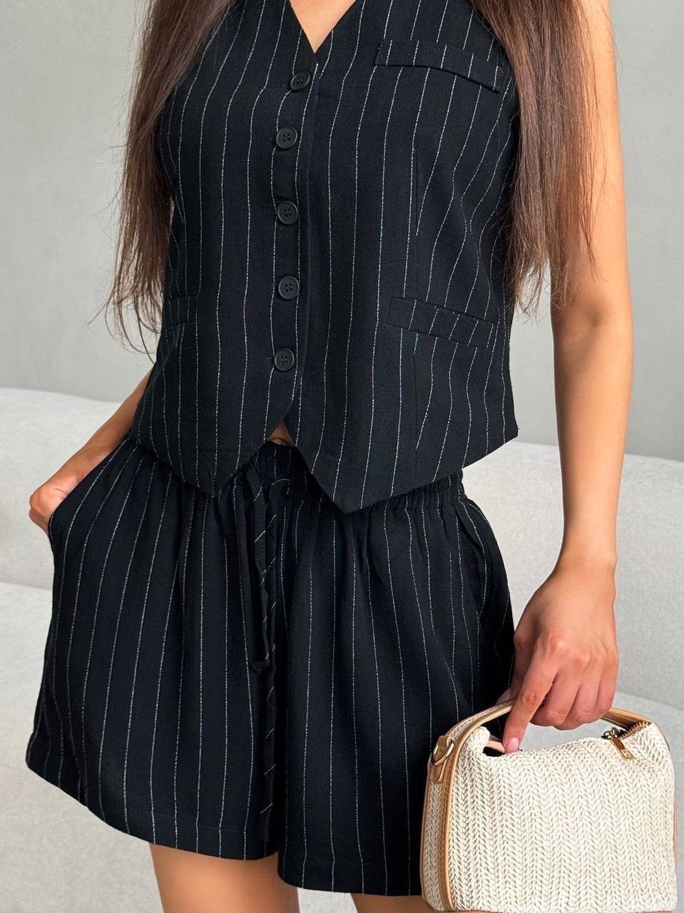 летние костюмы,жилет удлиненный,жилет в полоску,комплект жилет,костюм на лето